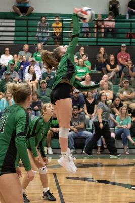 Isabelle Hawkinson led the Mustangs with 35 kills in their win against Manhattan. IMAGE COURTESY GERRIE MOONIE