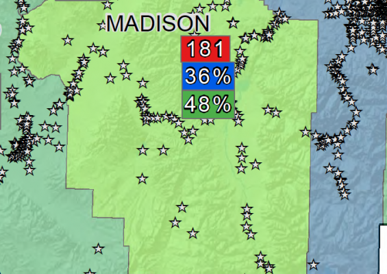 This map shows the locations of fatality and serious injury crashes in Madison County between 2007 and 2016. Madison County saw 181 of those crashes over that decade, with 36 percent of them involving an impaired driver and 48 percent involving a passenger not wearing a seatbelt. The line of stars in the northeast corner of the county shows the concentration of crashes along the roads between McAllister and Norris on Highway 287 and along Highway 84 from Norris to Bozeman. (Map courtesy of Montana Departmen