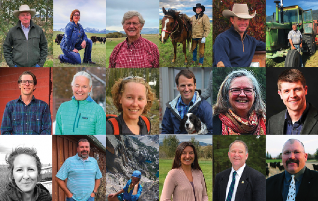 (From left to right) Top row representing land producers: Bret N. Barney of Wyola, Trina Jo Bradley of Valier, Lorents Grosfield of Big Timber, Kameron Kelsey of Gallatin Gateway, Heath Martinell of Dell and Gregory Schock of St. Ignatius. Second row representing conservation groups: Jonathan Bowler of Swan Valley, Caroline Byrd of Bozeman, Erin Edge of Missoula, Nick Gevock of Helena, Robyn King of Yaak and Cole Mannix of Helena. Representing the professional outdoor industry: Anne Schuschke of East Glacie