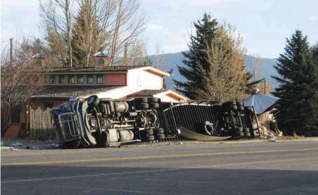 A photo of the rolled semi. Many Ennis residents expressed concern about the speed of semis coming into town. PHOTO COURTESY OF LAWRENCE ANDERSON