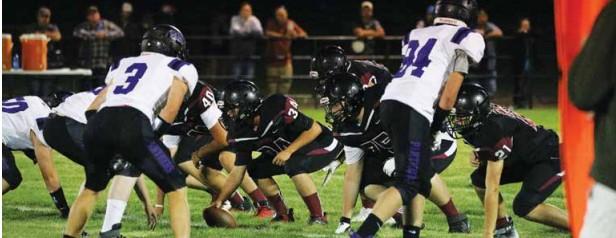 Sawyer Anson, #3, and Brayt Wood, #84, line up for Panther defense against Simms. PHOTO COURTESY RAHN ABBOTT
