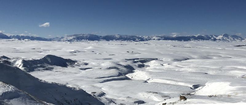 Winter snow blankets the Rocky Mountain Front north of Augusta.